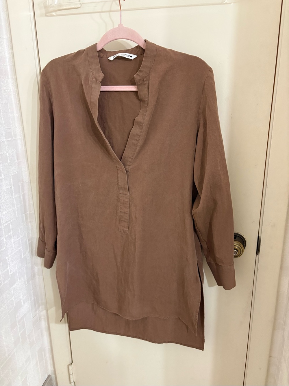 Zara Taupe Brown Long-Sleeve Tunic Blouse